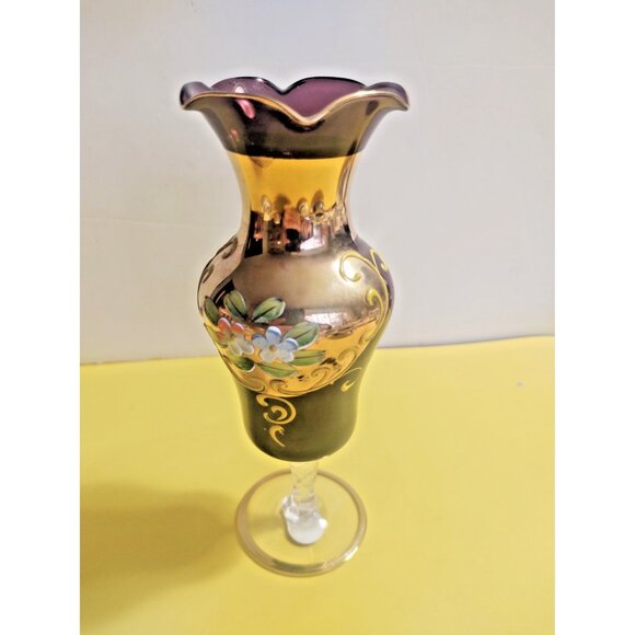 Vintage NASCO Japan Amethyst Glass Vase Raised Enamel Flowers 7" - Picture 9 of 10